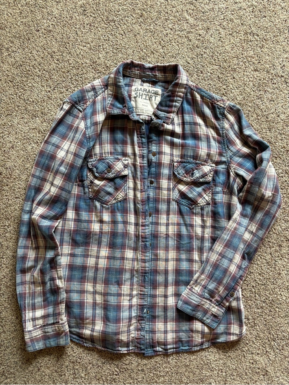 Garage Men’s Plaid Button-Down Shirt in Blue and Cream with Maroon Accents